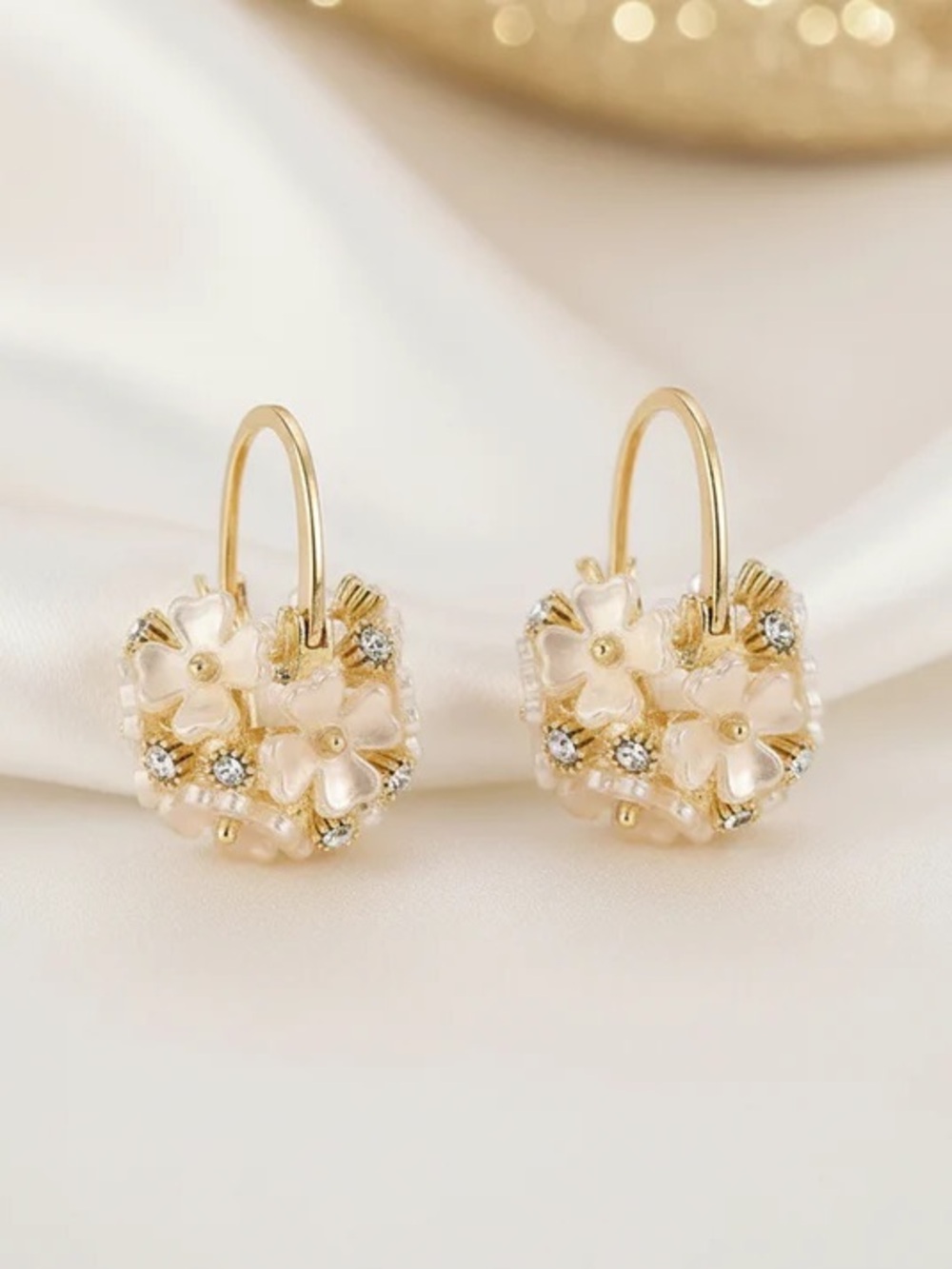 Gold Floral Pearl Drop Earrings - Picture 2 of 5